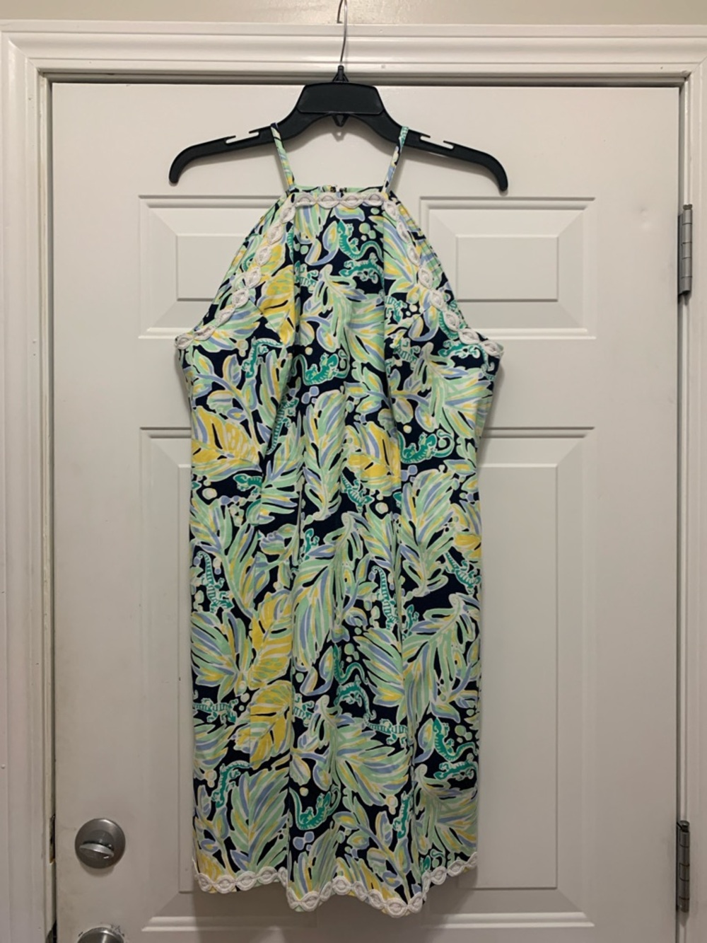 crown & ivy Cotton Navy Halter Dress with Yellow & Mint Leaf & Lizzard Print